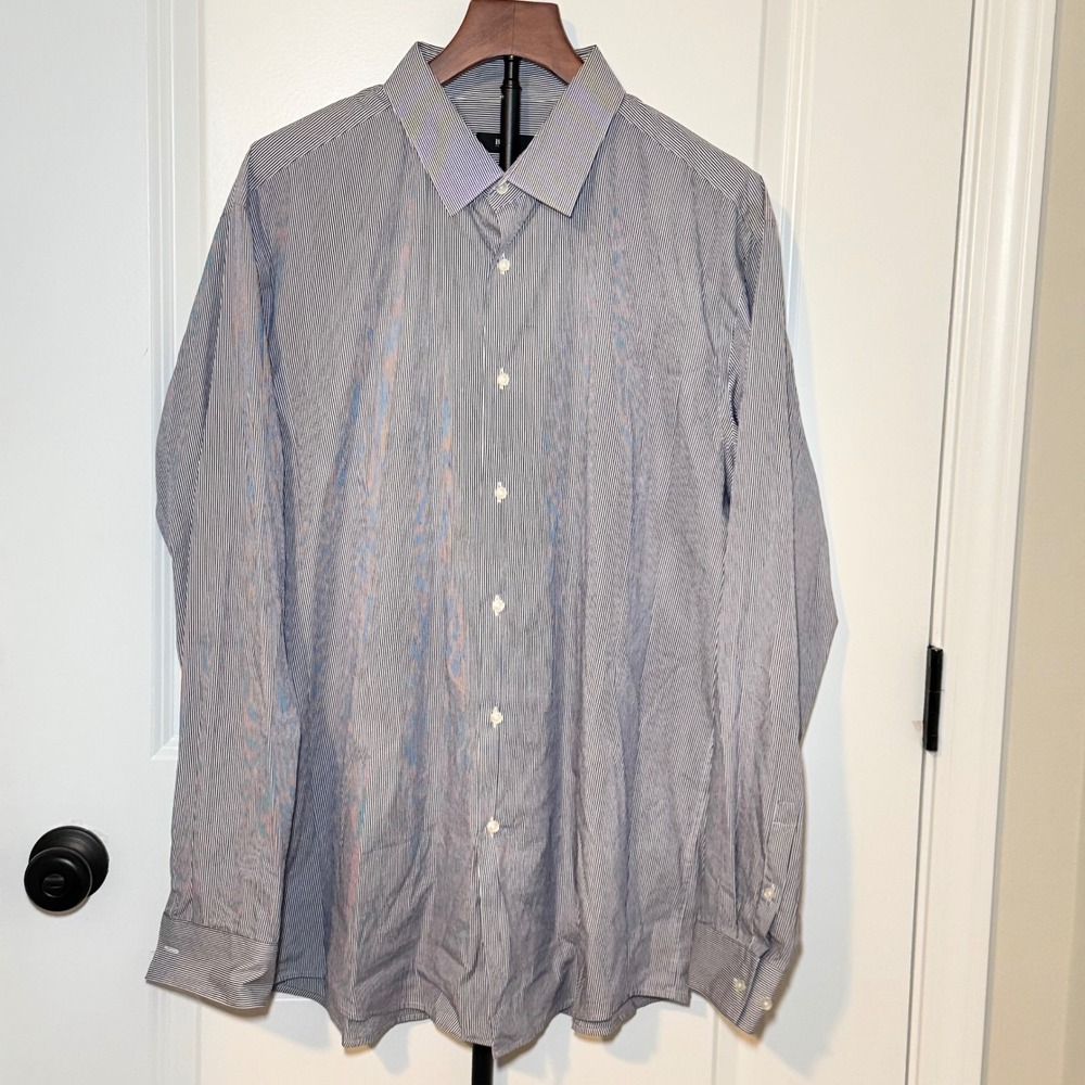 Hugo Boss Mens Slim Fit Micro Stripe Dress Shirt Navy White Size 18 46